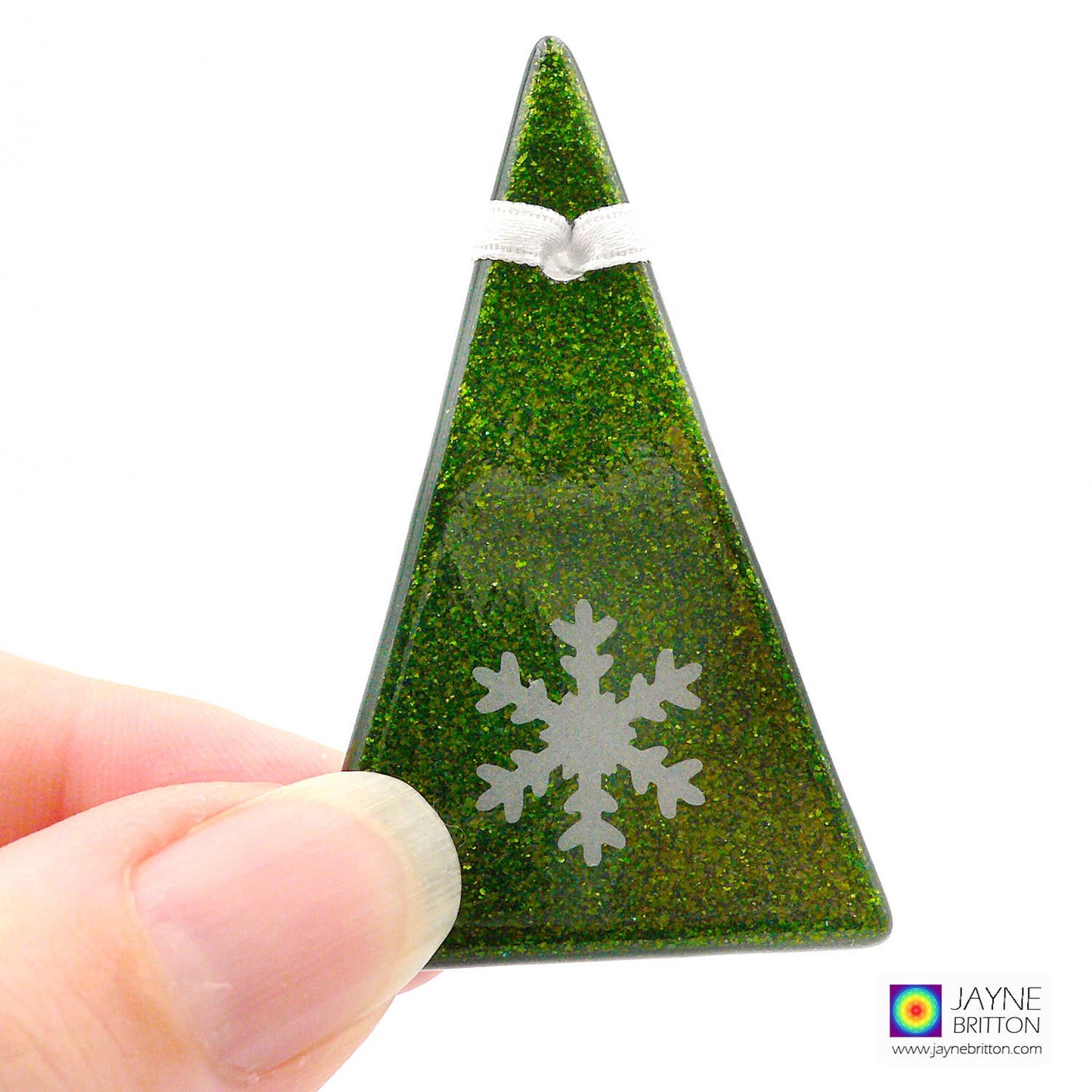 Geeting Card - snowflake on sparkly green tree ornament