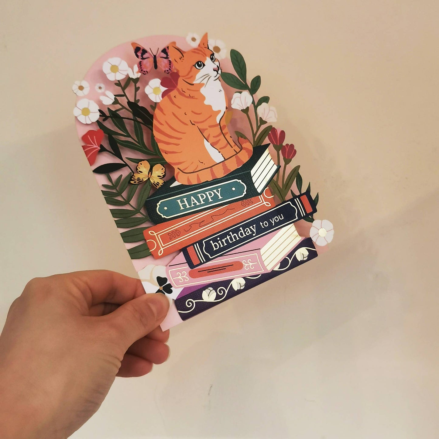Greeting Card - Cat on books cut out birthday