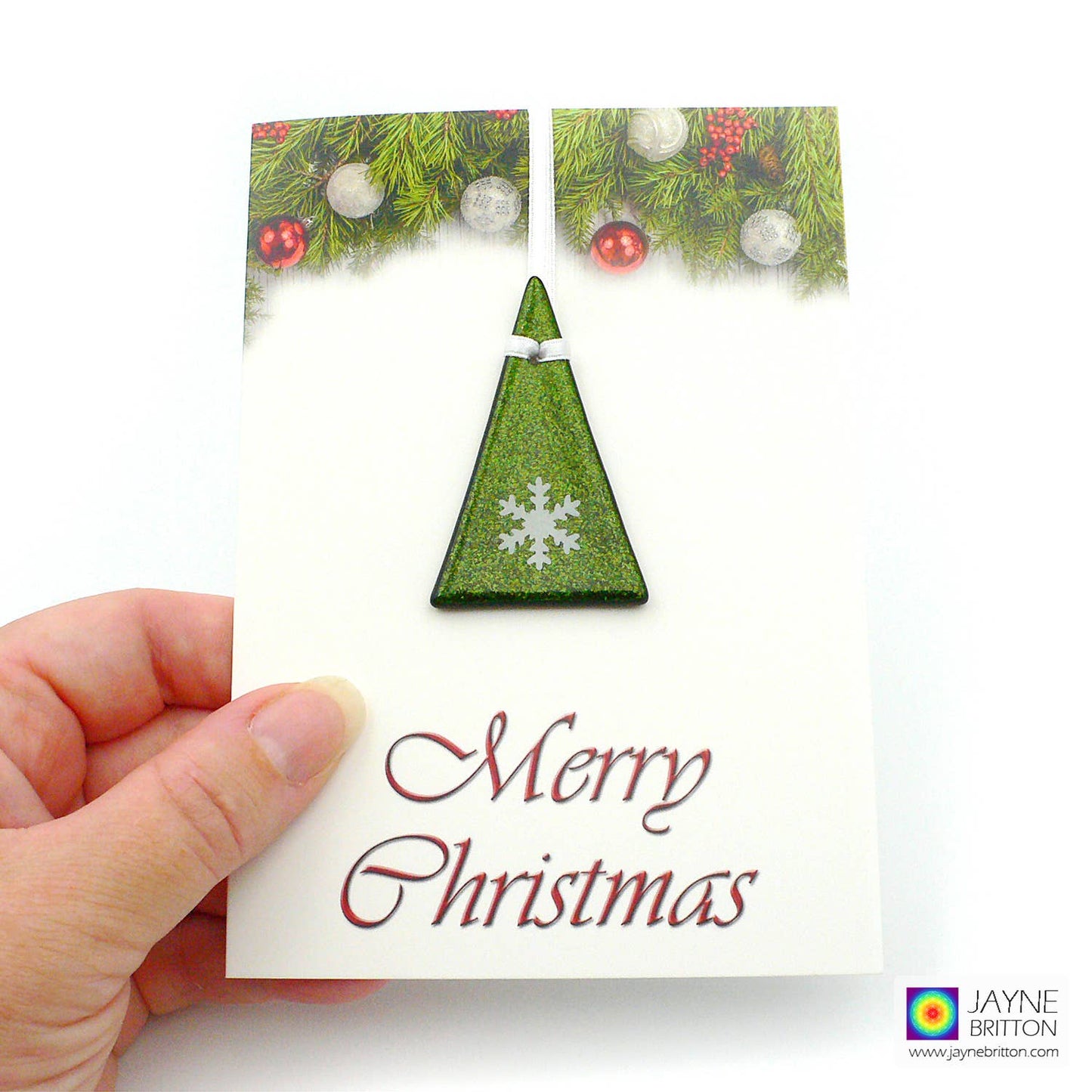 Geeting Card - snowflake on sparkly green tree ornament