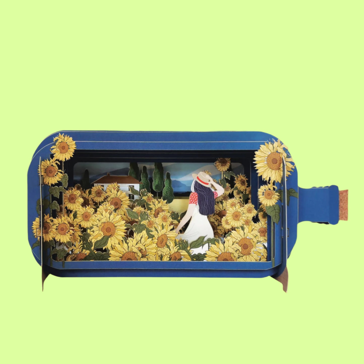 Greeting Card - Message in a Bottle Lady in Field of Sunflowers