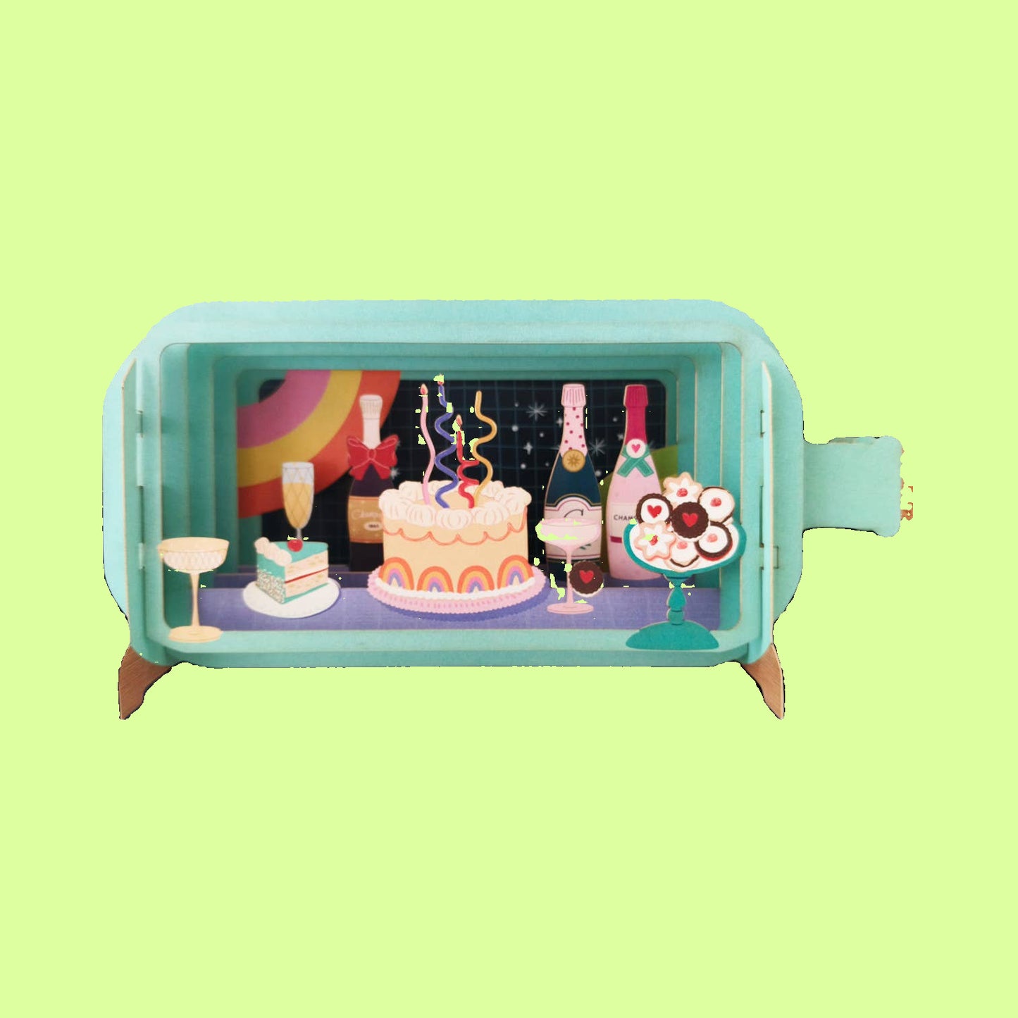 Greeting Card - Message in a bottle Pop Up celebration cake, fizzy