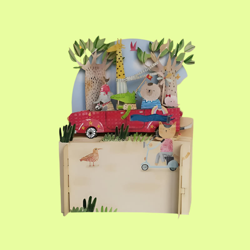 Greeting Card - Kids pop up card - Animals in car