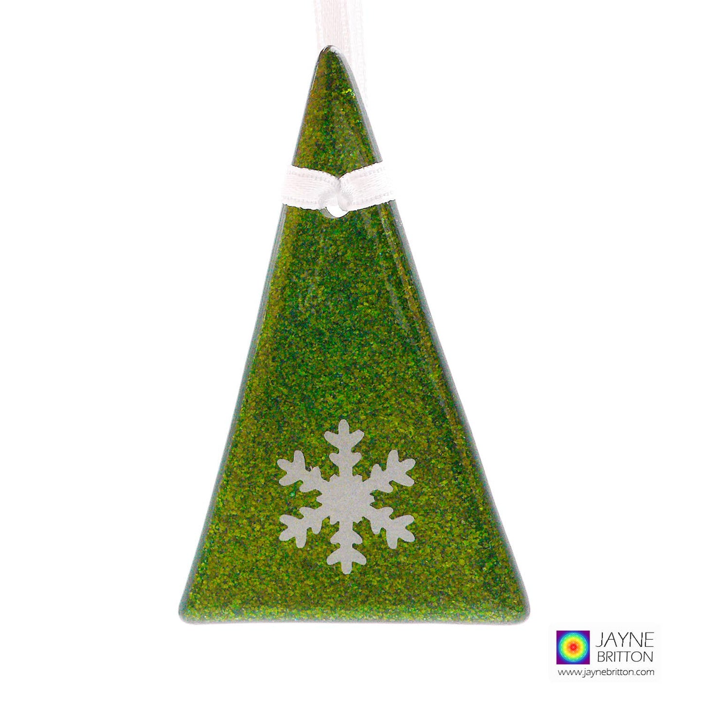 Geeting Card - snowflake on sparkly green tree ornament