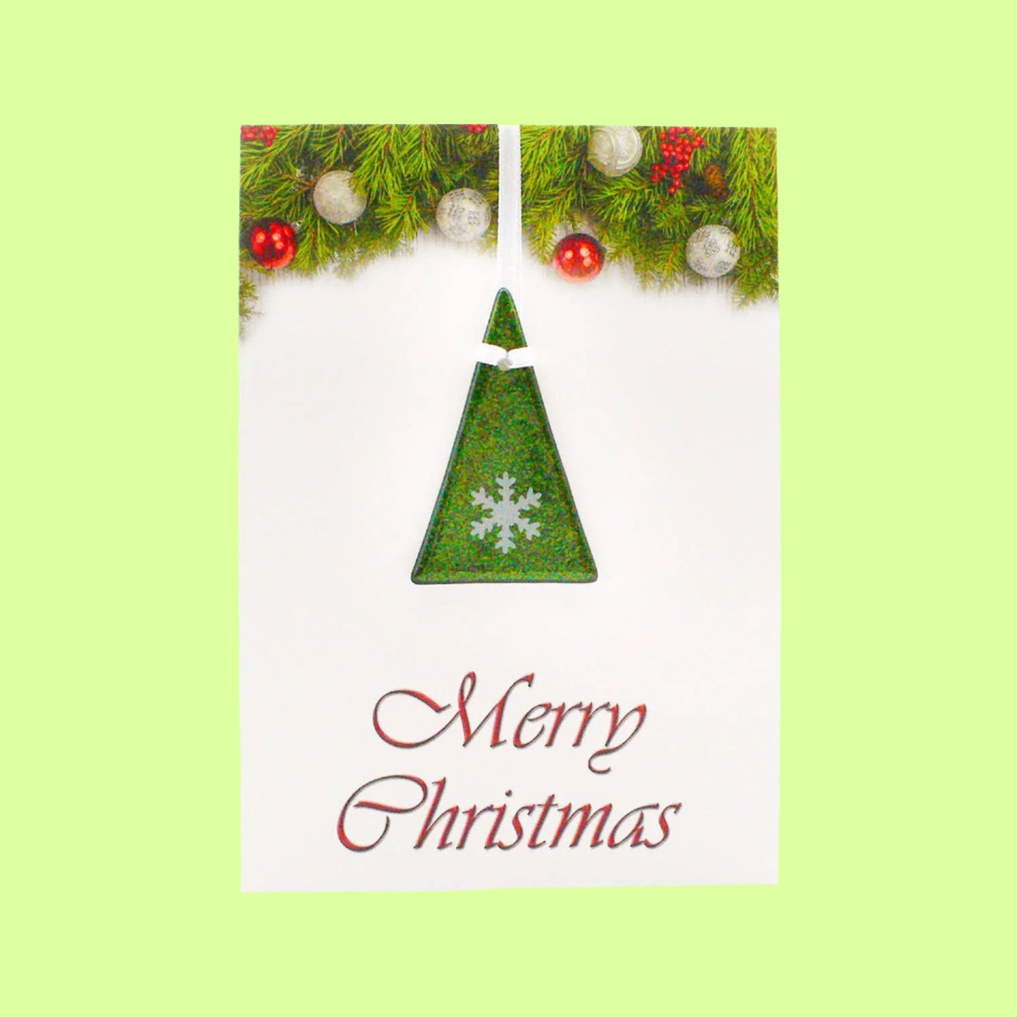Geeting Card - snowflake on sparkly green tree ornament