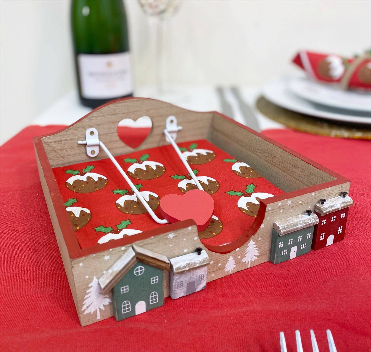 Napkin Holder - Wood w houses