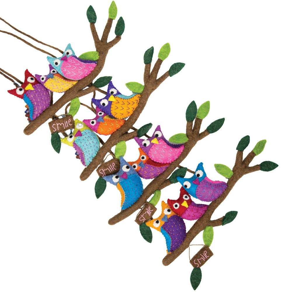 Hanging Art - Wool Felted Three Owls in Branch Assorted colors