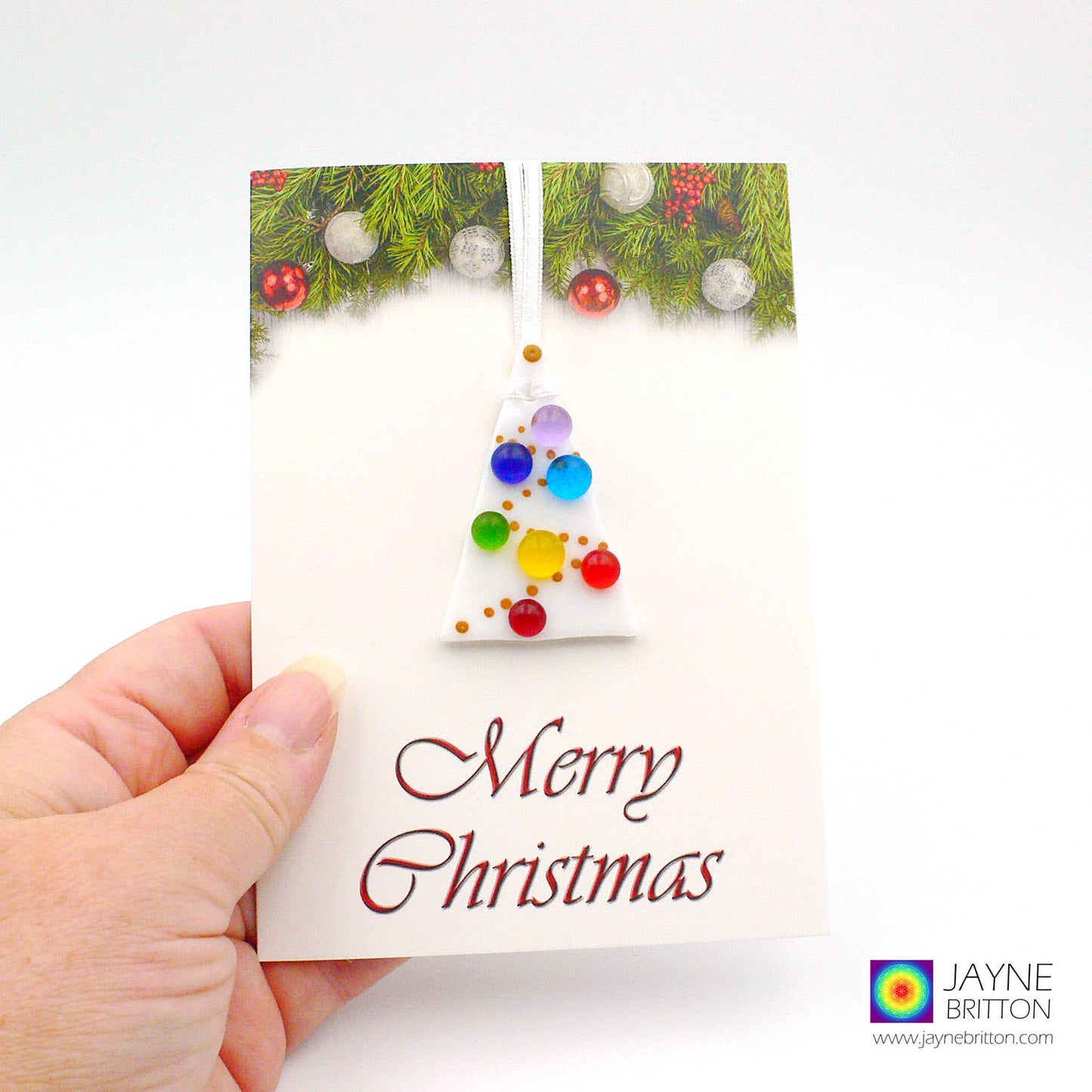 Greeting Card - hand fused glass Rainbow dots on tree ornament