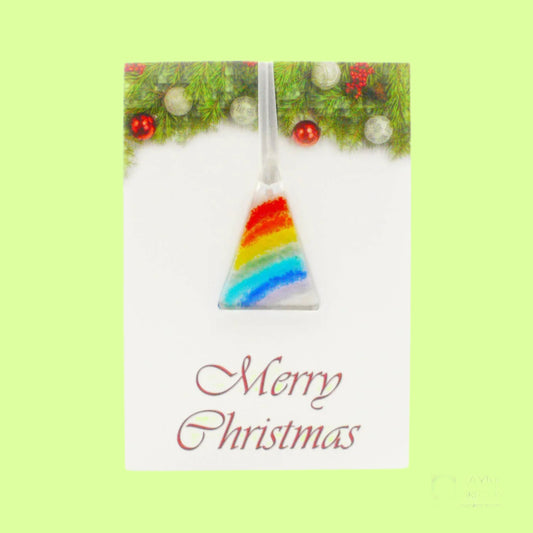 Greeting Card - fused glass, rainbow stripes tree ornament