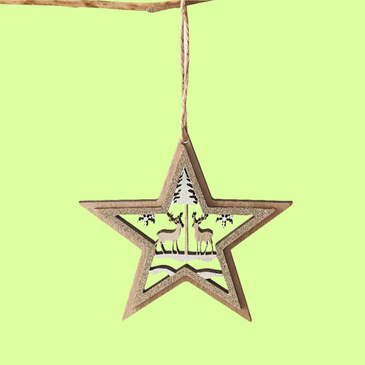 Tree Ornament - Set 6 Reindeer Cut Wooden in Star glitter