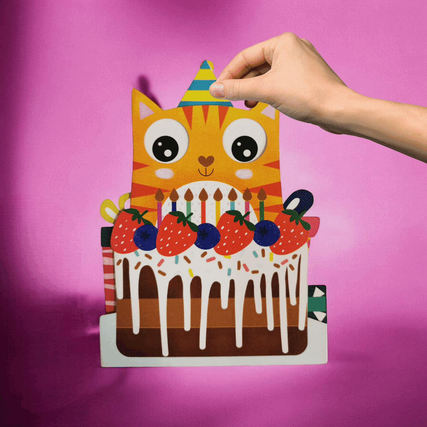 Greeting Card - Movable Eyes Birthday cake cat