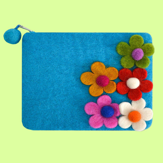 Coin Purse - Wool Felted Five side flowers Turquoise