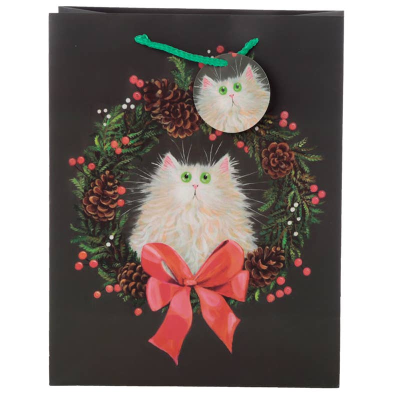 Gift Bag - Cat in wreath red bow