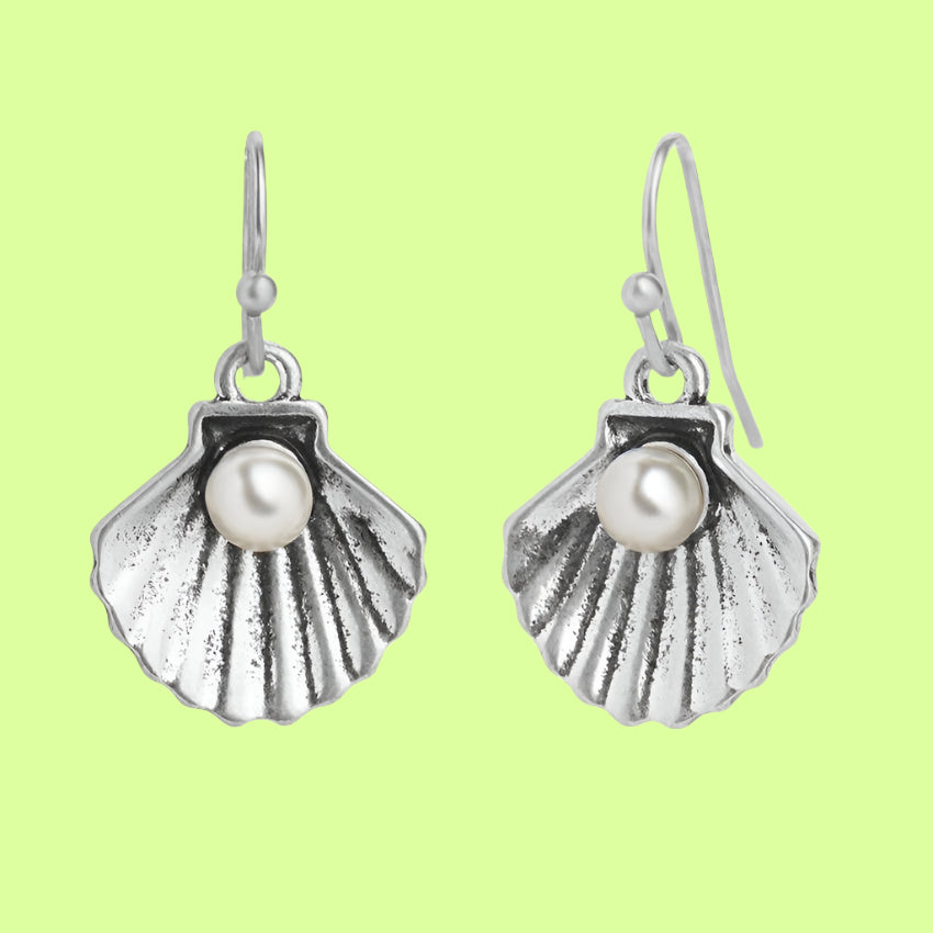 Earrings - Shell Pearl Dangle Earrings - Silver