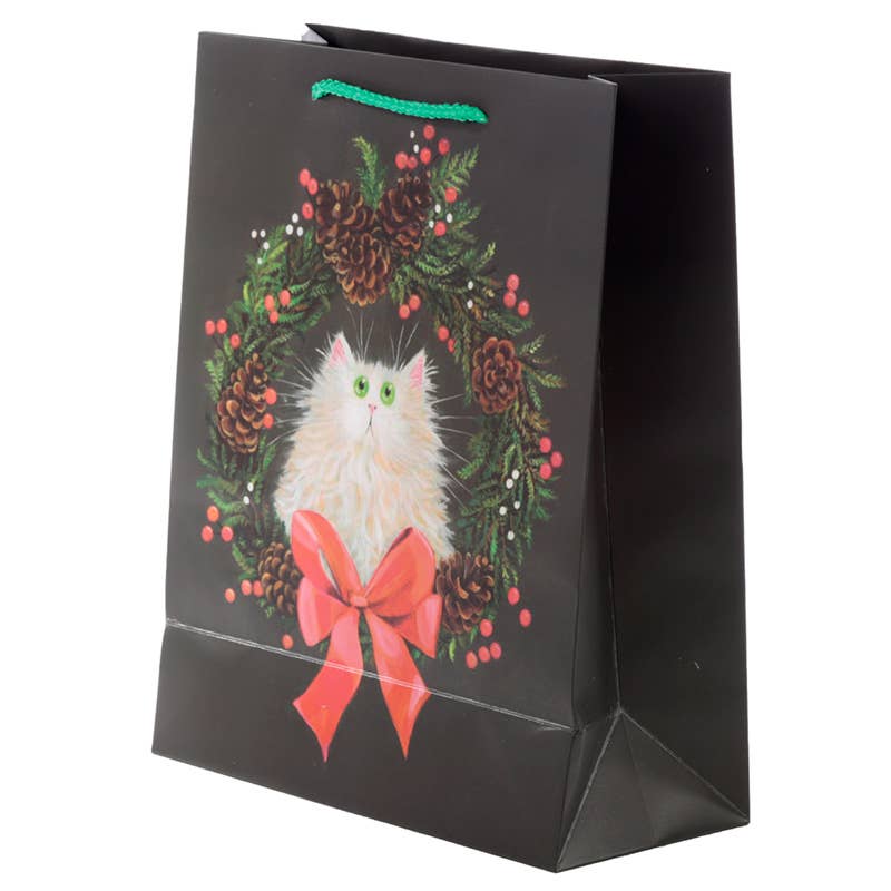 Gift Bag - Cat in wreath red bow