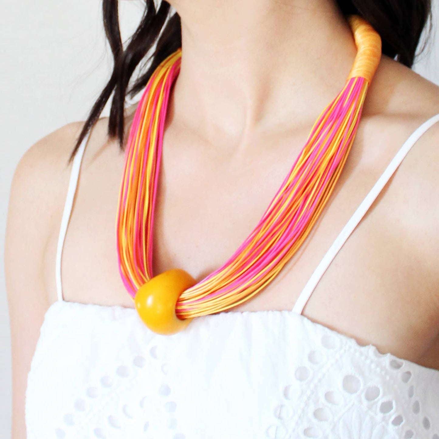 Necklace - Tagua Threads Yellow/Pink