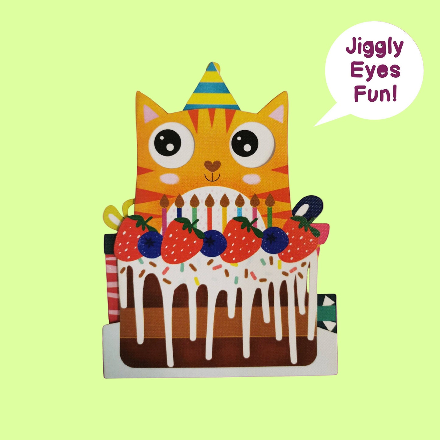 Greeting Card - Movable Eyes Birthday cake cat