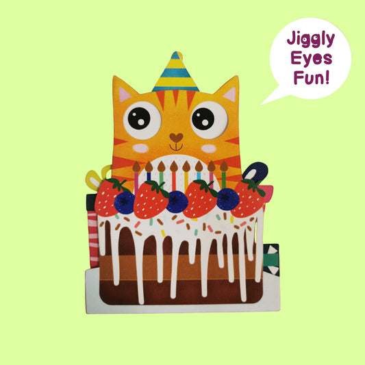 Greeting Card - Movable Eyes Birthday cake cat