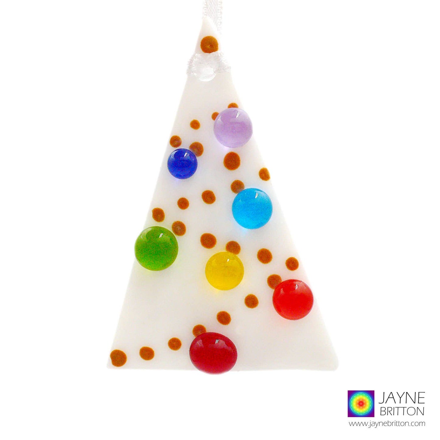 Greeting Card - hand fused glass Rainbow dots on tree ornament