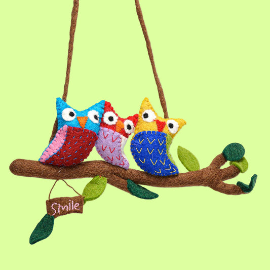 Hanging Art - Wool Felted Three Owls in Branch Assorted colors