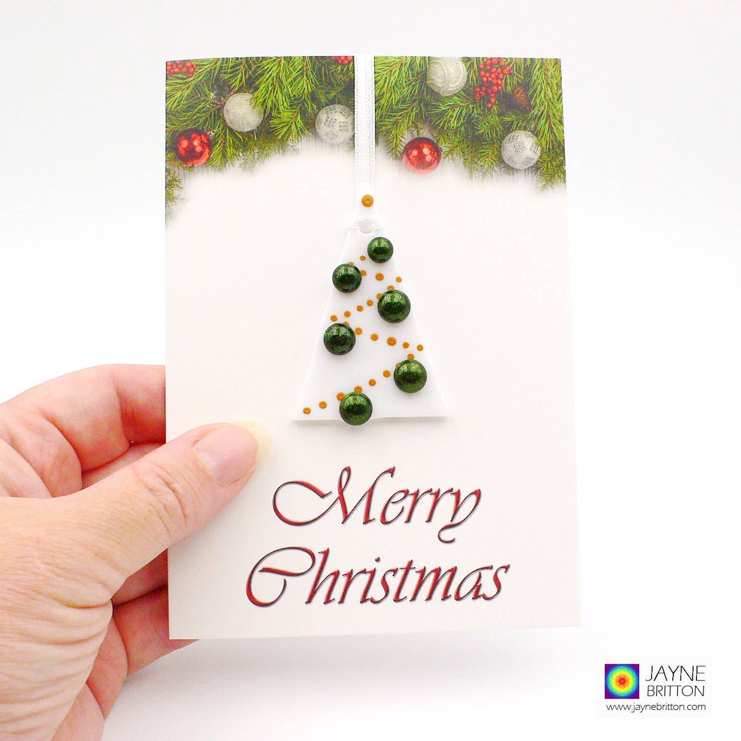 Greeting Card - handmade glass Sparkly green balls on tree ornament