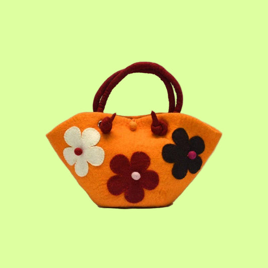 Bag - Wool Felted Tote 3 Flowers Orange