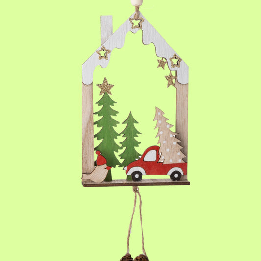 xmas - wood orn truck trees in hse frame
