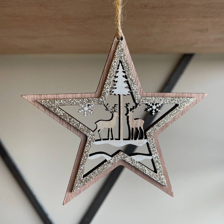 Tree Ornament - Set 6 Reindeer Cut Wooden in Star glitter