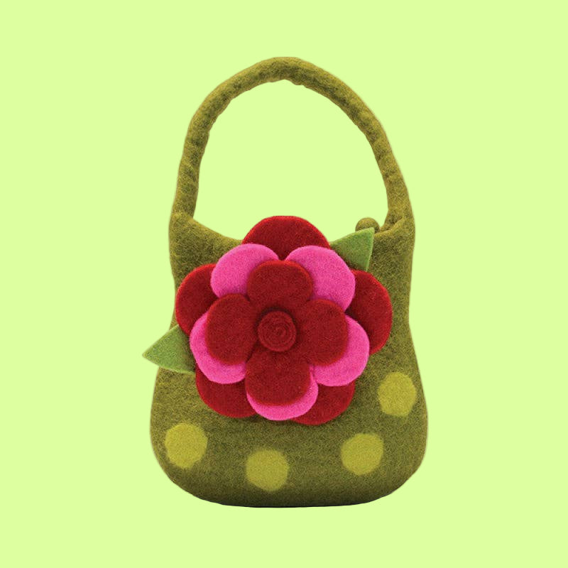 Bag - Wool Felted layered flower Polka Dot green