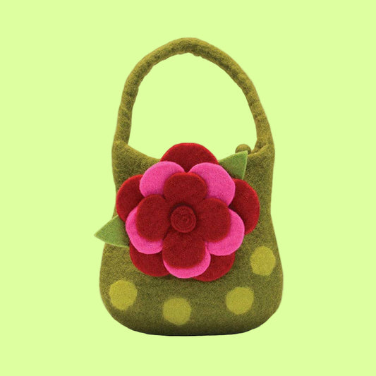 Bag - Wool Felted layered flower Polka Dot green