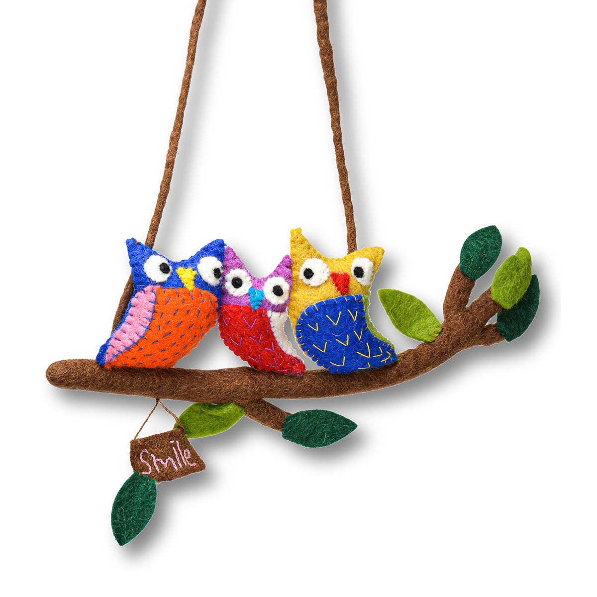 Hanging Art - Wool Felted Three Owls in Branch Assorted colors