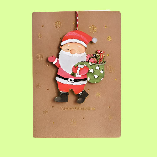Greeting Card - Wood ornament - SANTA w Sack