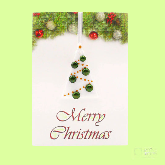 Greeting Card - handmade glass Sparkly green balls on tree ornament