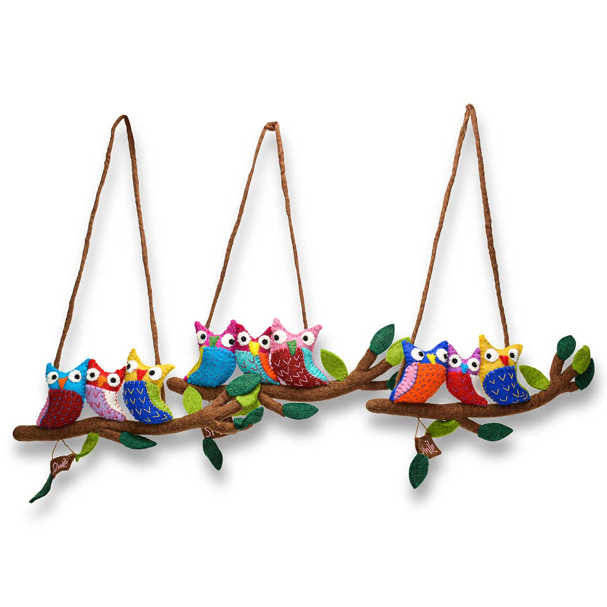 Hanging Art - Wool Felted Three Owls in Branch Assorted colors