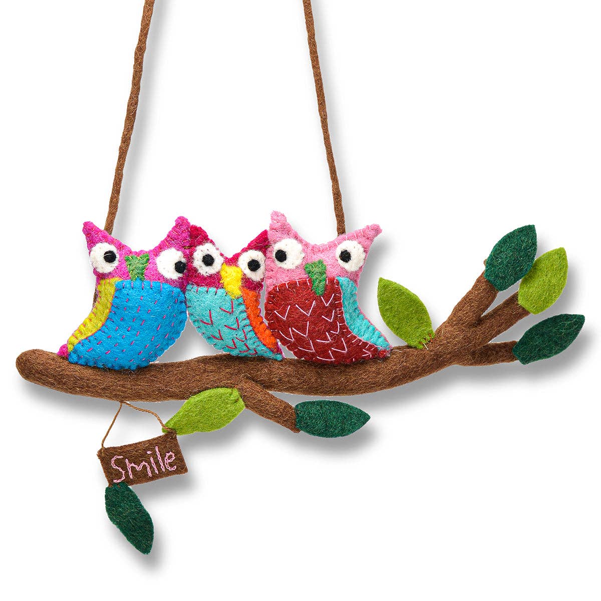 Hanging Art - Wool Felted Three Owls in Branch Assorted colors