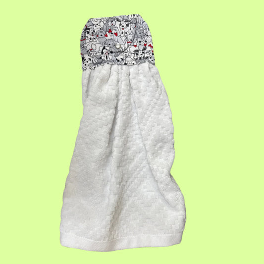Hand Towel - Handmade by Rosemary - gy/wt Dogs rd bones