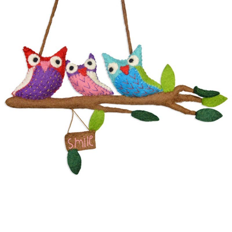 Hanging Art - Wool Felted Three Owls in Branch Assorted colors