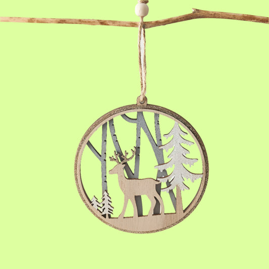 Ornament - set 4 r/deer in forest in glitter circle wood