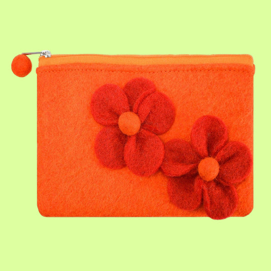 Clutch - Wool Felted 2 Flower Purse: Orange