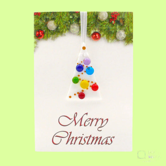 Greeting Card - hand fused glass Rainbow dots on tree ornament