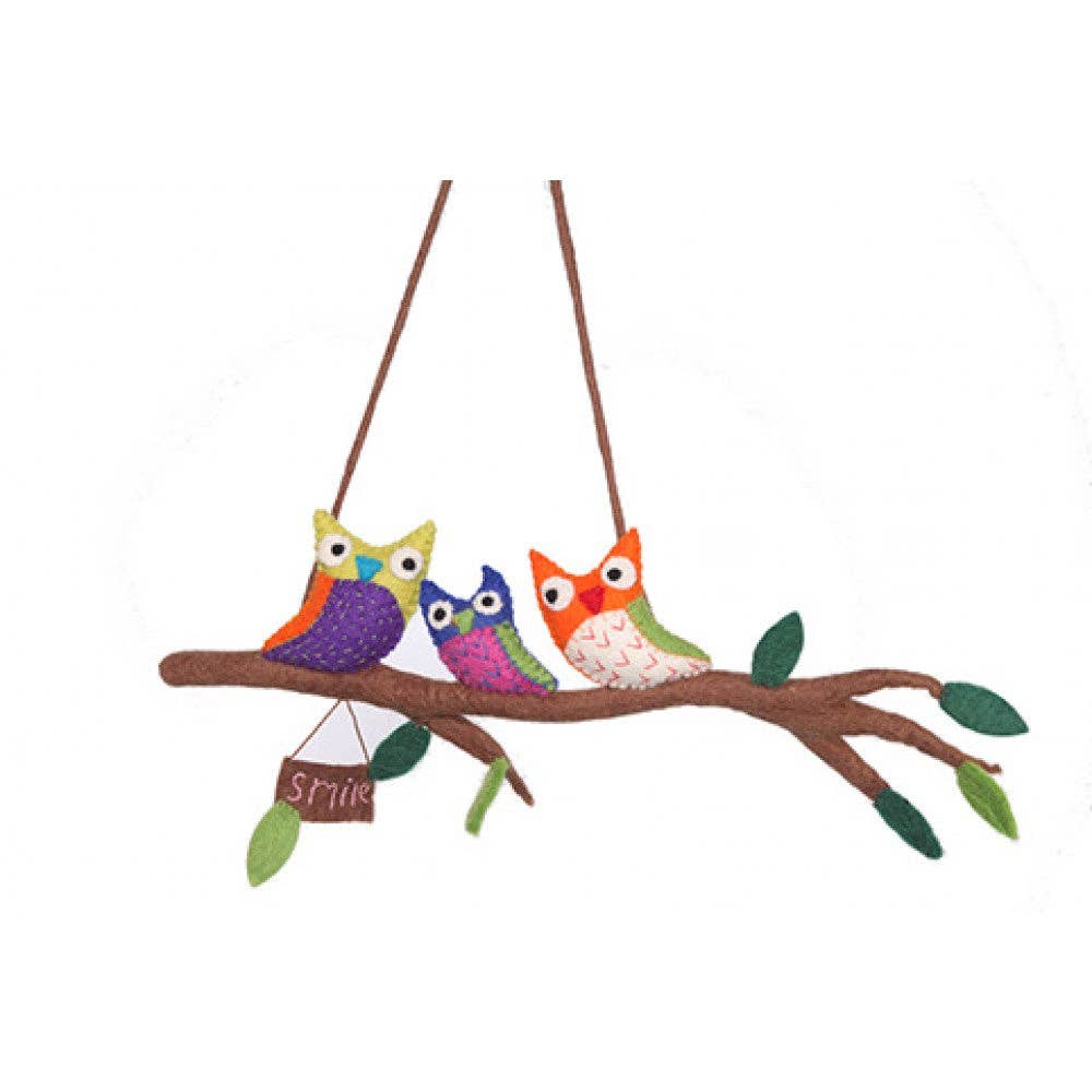 Hanging Art - Wool Felted Three Owls in Branch Assorted colors
