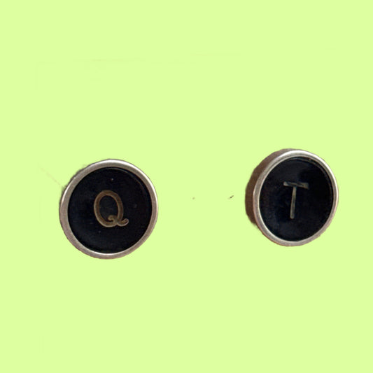 Earrings - Round Typewriter Key Post (Cutie) QT Bg on Bk