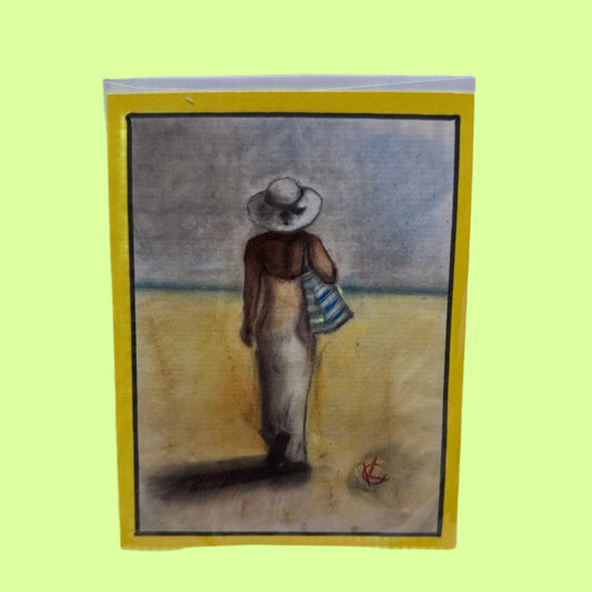 Greeting Card - SK Lady on Beach yellow