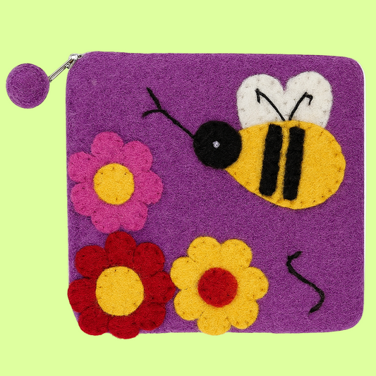 Coin Purse - Wool Felted Bumble Bee/3 flowers Purple