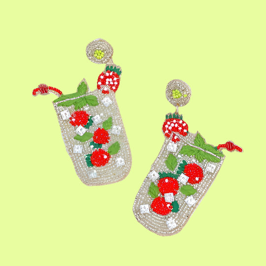 Earrings - Strawberry Summer Cocktail Beaded Dangle posts