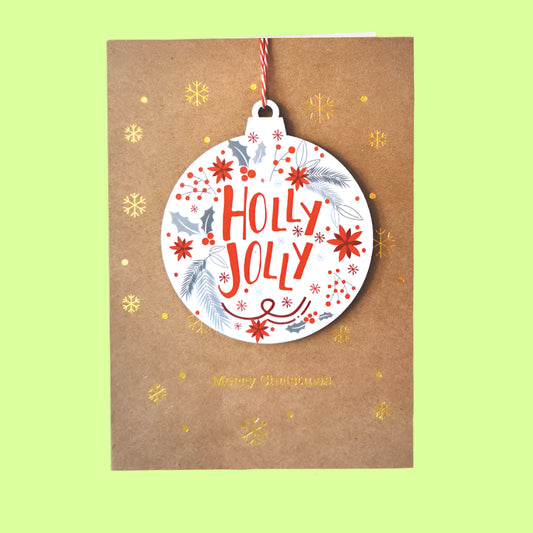 Greeting Card - Wooden ornament card-Holly Jolly