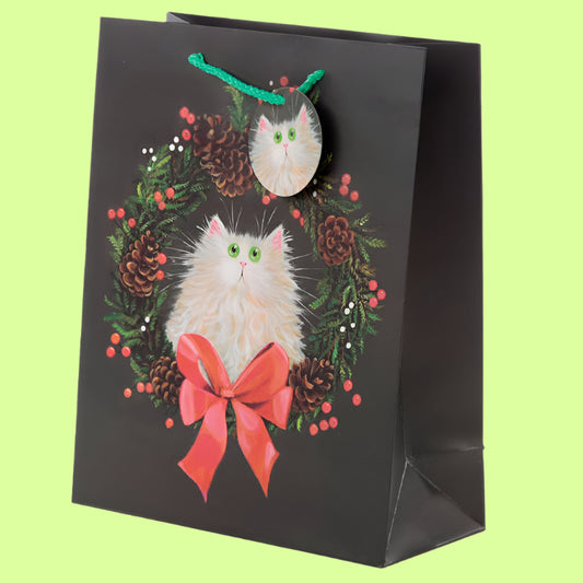 Gift Bag - Cat in wreath red bow