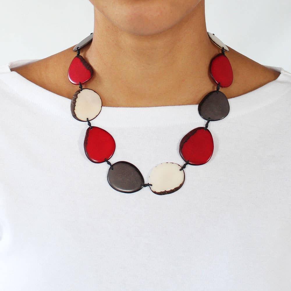 Necklace - Tagua Chips Red/Ivory/Gray