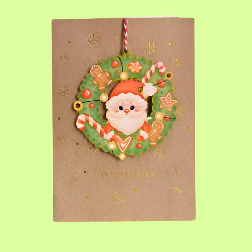 Greeting Card - Wood ornament card SANTA wreath