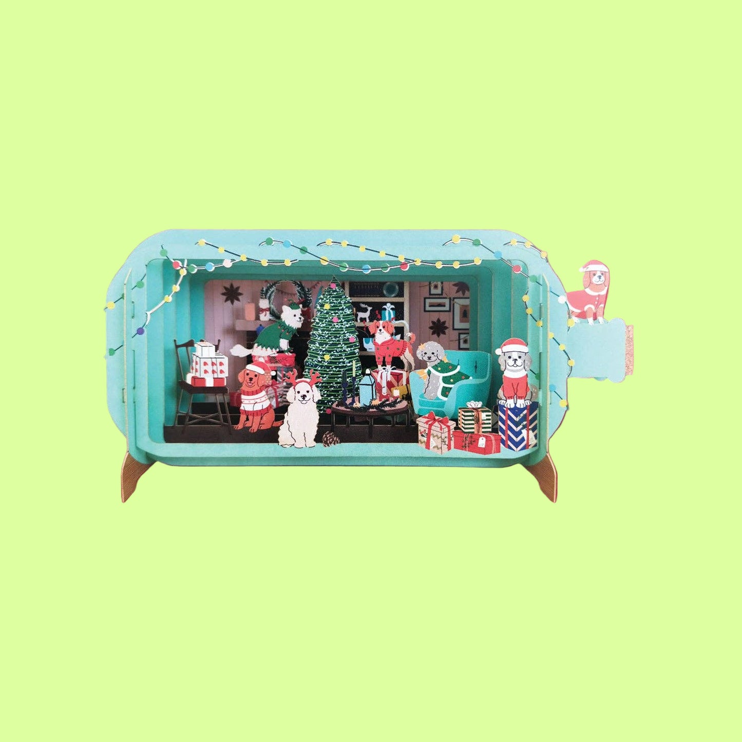 Greeting Card - message in a bottle pop up Christmas living room w dogs