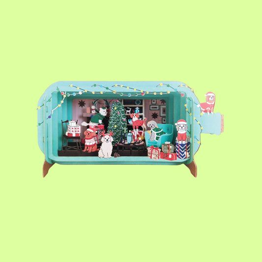 Greeting Card - message in a bottle pop up Christmas living room w dogs